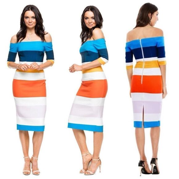 By Johnny Colorful Striped Off-Shoulder Dress